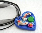 Heart Pendant with Koi Pond in Polymer Clay Filigree
