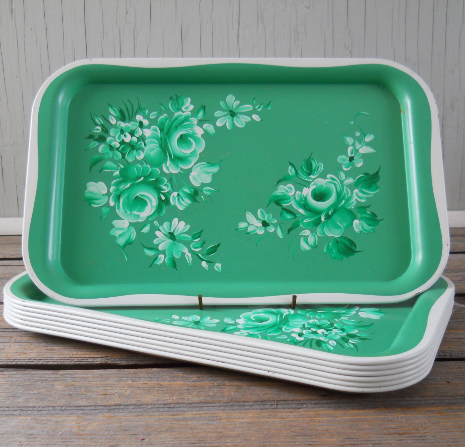 Vintage Metal Serving Tray Mint Green Floral
