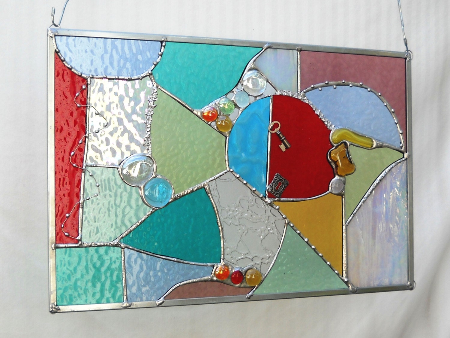Stained Glass Panel Crazy Quilt in Pastels and Bold Colors of Aqua, Teal, Green, Blue, Red, Gold