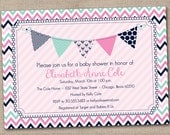 Printable Baby Shower Invitation Pink and Blue Chevron Bunting and Stripes