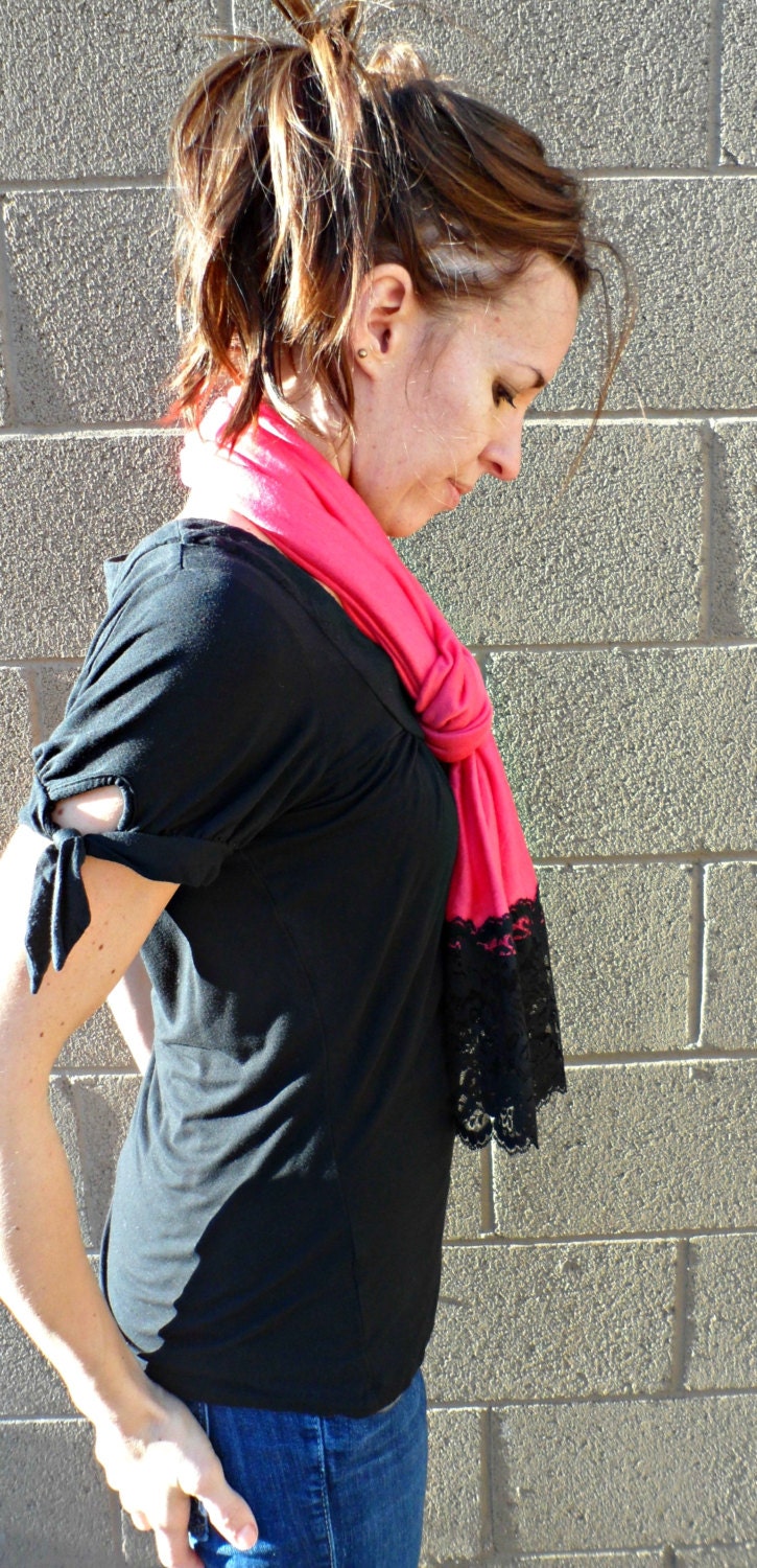 Watermelon Pink jersey knit scarf with black lace trim ends
