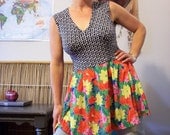 MIX MATCH TOP Bright Multicolor Flowers with Black n White UPcycled