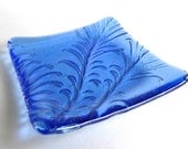 Light Sky Blue Fused Glass Feather Imprint Square Plate
