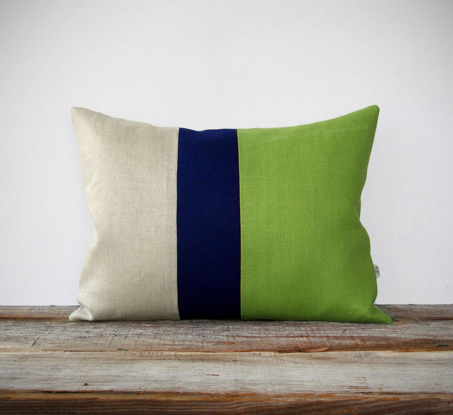 Color Block Stripe Pillow in Lime Green, Navy and Natural Linen by JillianReneDecor Summer Home Decor - Decorative Pillow - Tender Shoots - JillianReneDecor