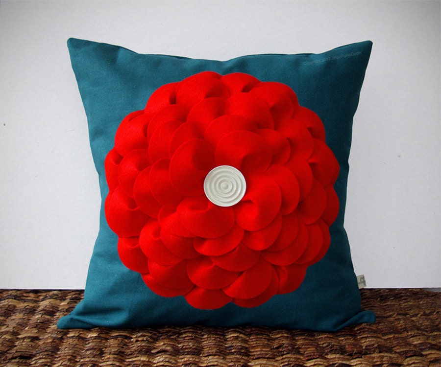 Large Red Felt Flower PILLOW in Teal Linen with White Wooden Retro Button by JillianReneDecor Bright Colorful Home Decor - Spring Summer