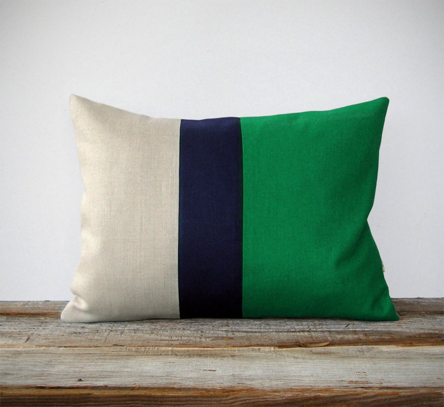Color Block Stripe Pillow in Kelly Green, Navy and Linen by JillianReneDecor Emerald Green Decorative Pillow - As seen on Apartment Therapy