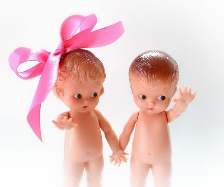 Vintage Knickerbocker Kewpie Doll Pair Girl & Boy Toy No. 700 Plastic Nude Dolls Original Box - Reduced from 32.00