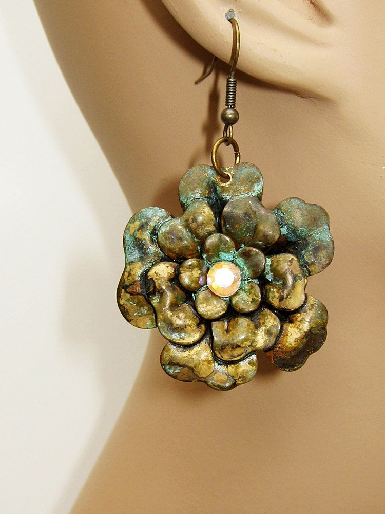 Rose Earrings- Patina Green, Metal Earrings, Flower Earrings, Antique Rose, Honey, Rhinestone, Rose Earrings, Large Rose