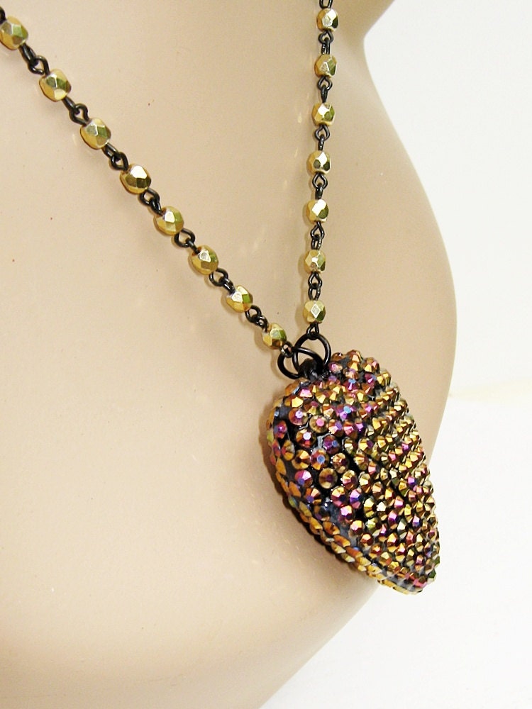 Rhinestone Heart Necklace- Pink, Gold, Blue, Purple, Gold Glass Beads, Heart Necklace, Large Heart