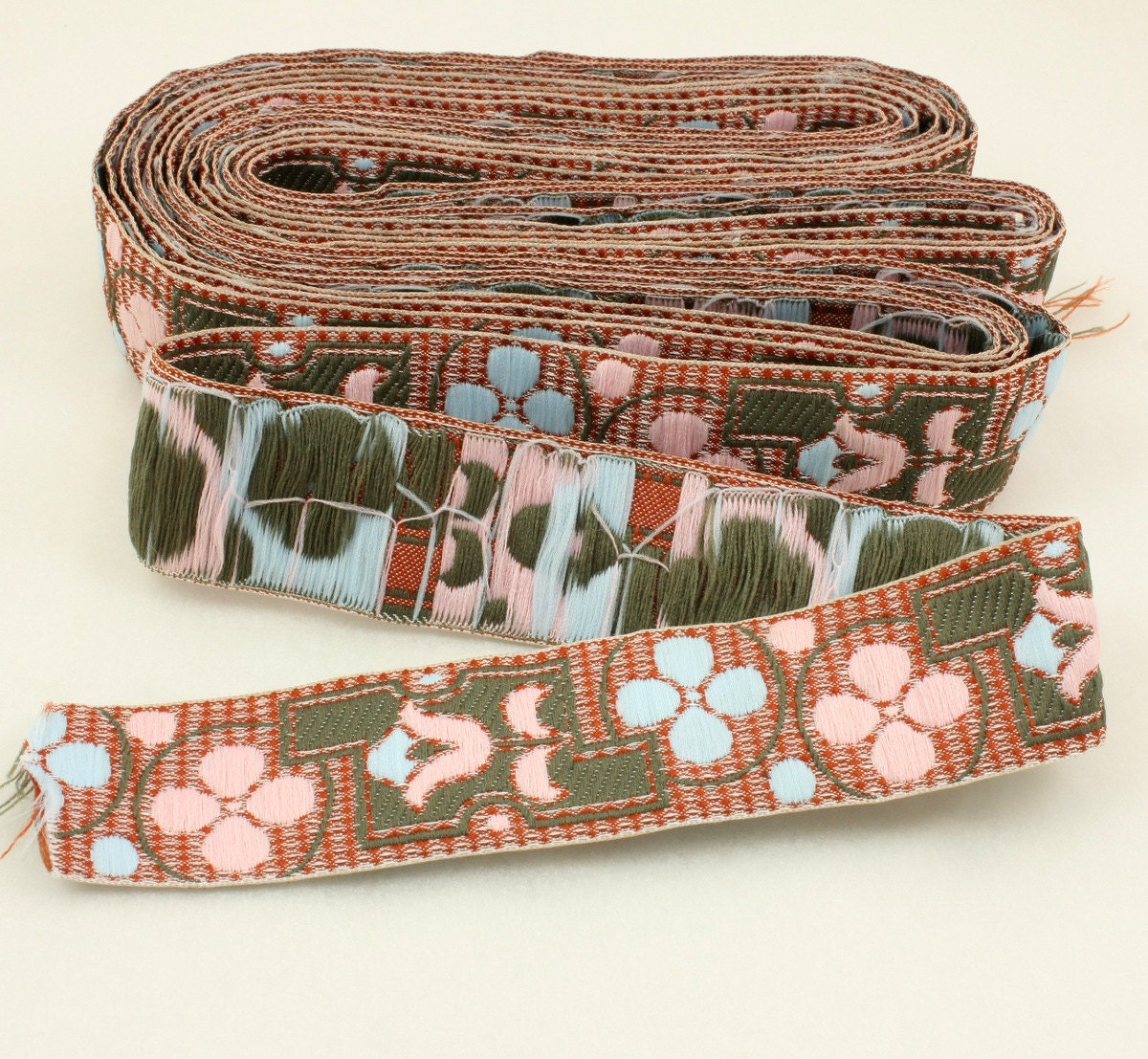 Vintage French Woven Jacquard Ribbon, Geometric Floral, 5 yards, 1-1/4 Inch Wide, Trim