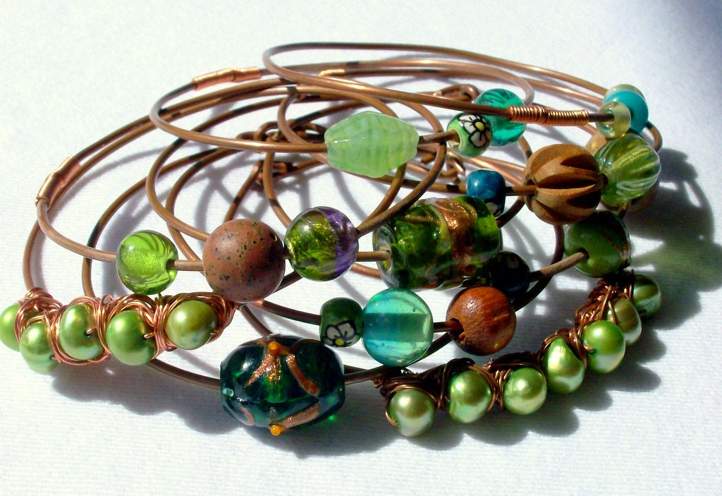 Gypsy Stacked Bangles Set of 5 Bracelets - Green & Brown - stoneandbone