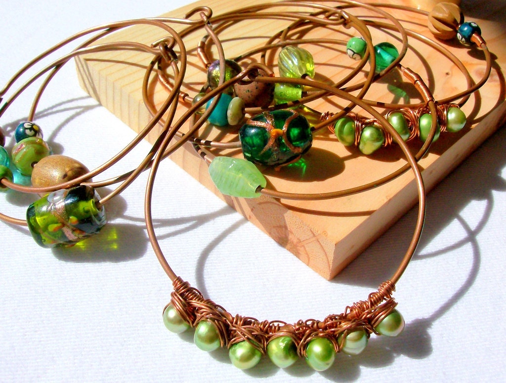 Gypsy Stacked Bangles Set of 5 Bracelets - Green & Brown - stoneandbone
