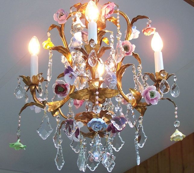 Vintage Cottage Garden Italian Tole Porcelain Flowers Crystals Chandelier