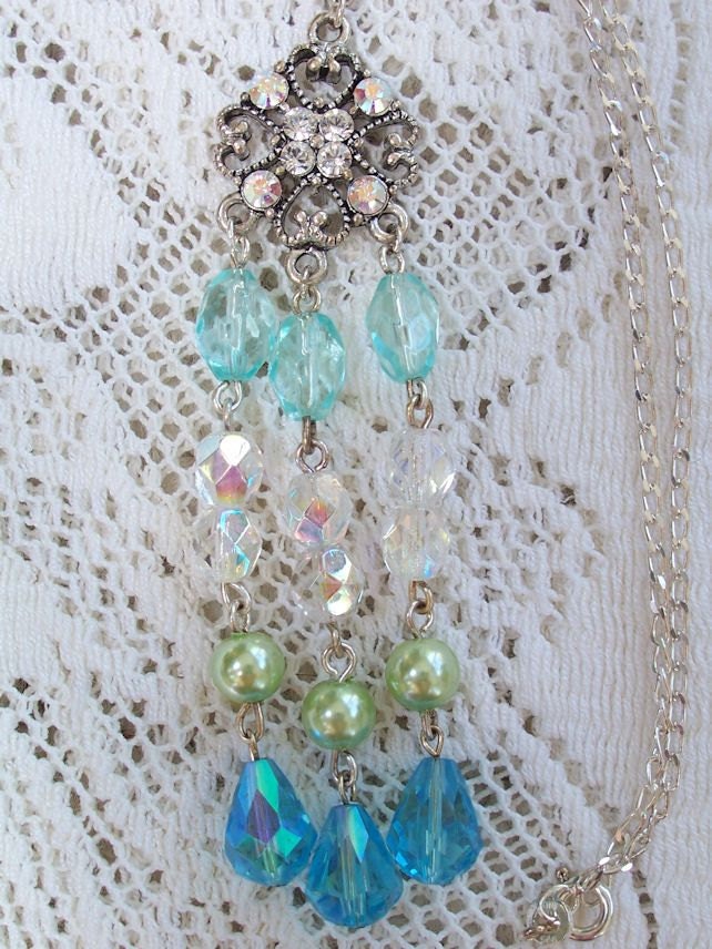 Aqua and Mint Swarovski Rhinestone Necklace Sterling