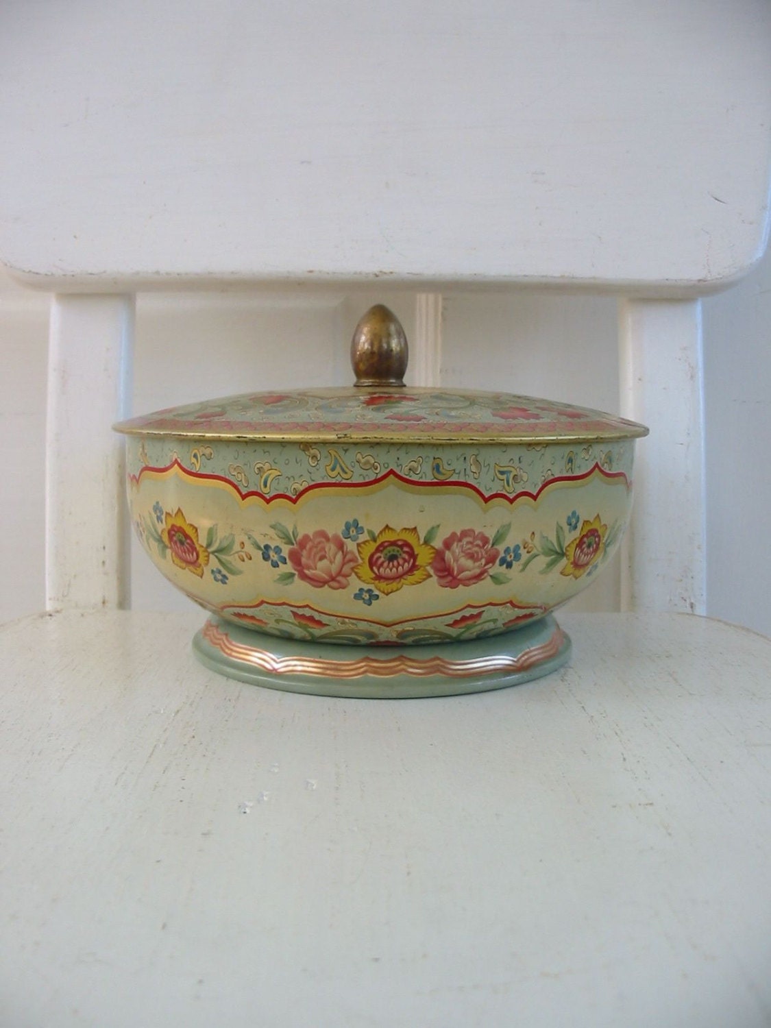 Vintage Metal Biscuit Tin Box  Storage Flowers Butterfly Blue
