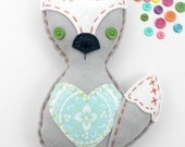 Felt Fox Toy Hand Stitched Plush Softie Nursery Gray Aqua Coral