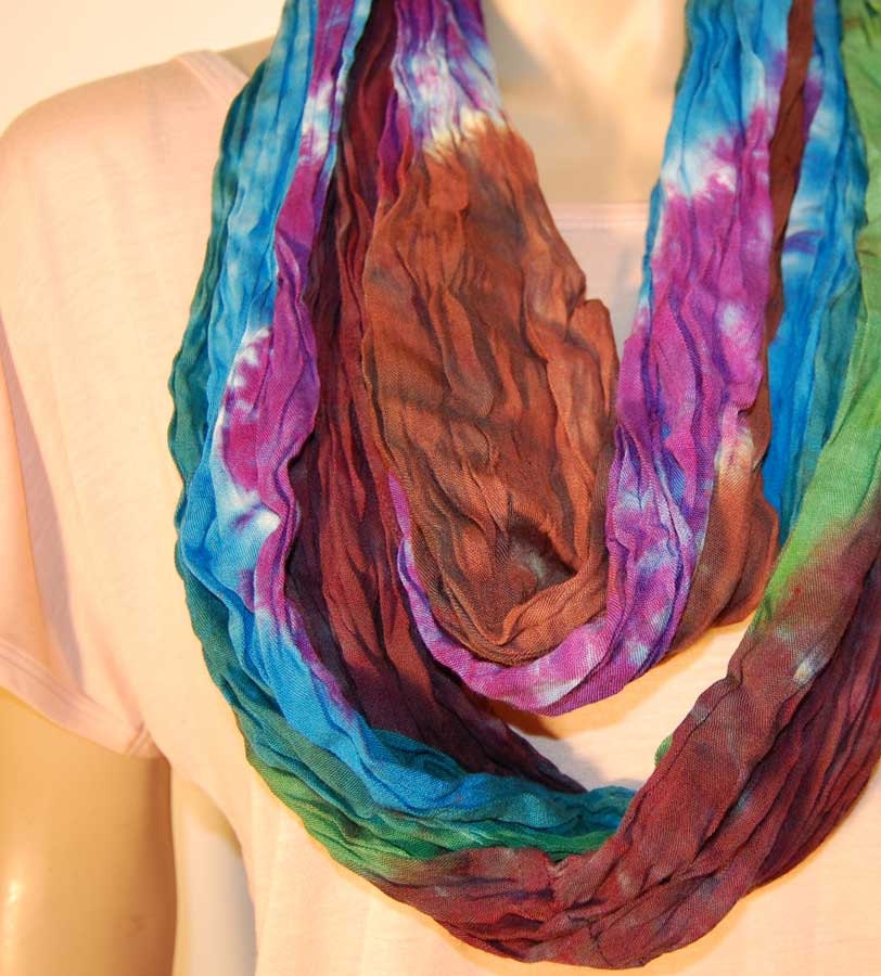 Tie Dyed Rayon Circle Scarf - Purple - Brown - Green