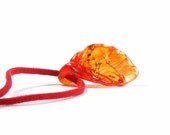 Rustic Leaf Pendant, Handmade Lampwork Glass Leaf, Red Eco Suede & Sterling Silver Necklace, Nectarine Orange