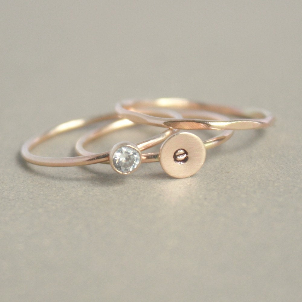 gold stacking ring SET. monogram initial ring. gold diamond ring. gold stacking ring. personalized set of THREE rings. instant collection.