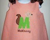 Custom made boutique appliqued monogrammed embroidered Squirrel a line dress jumper or jon jon shortalls