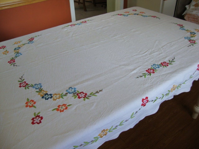 Vintage tablecloth bright embroidered flowers, red orange yellow blue green, 46 x 64 inches rectangle