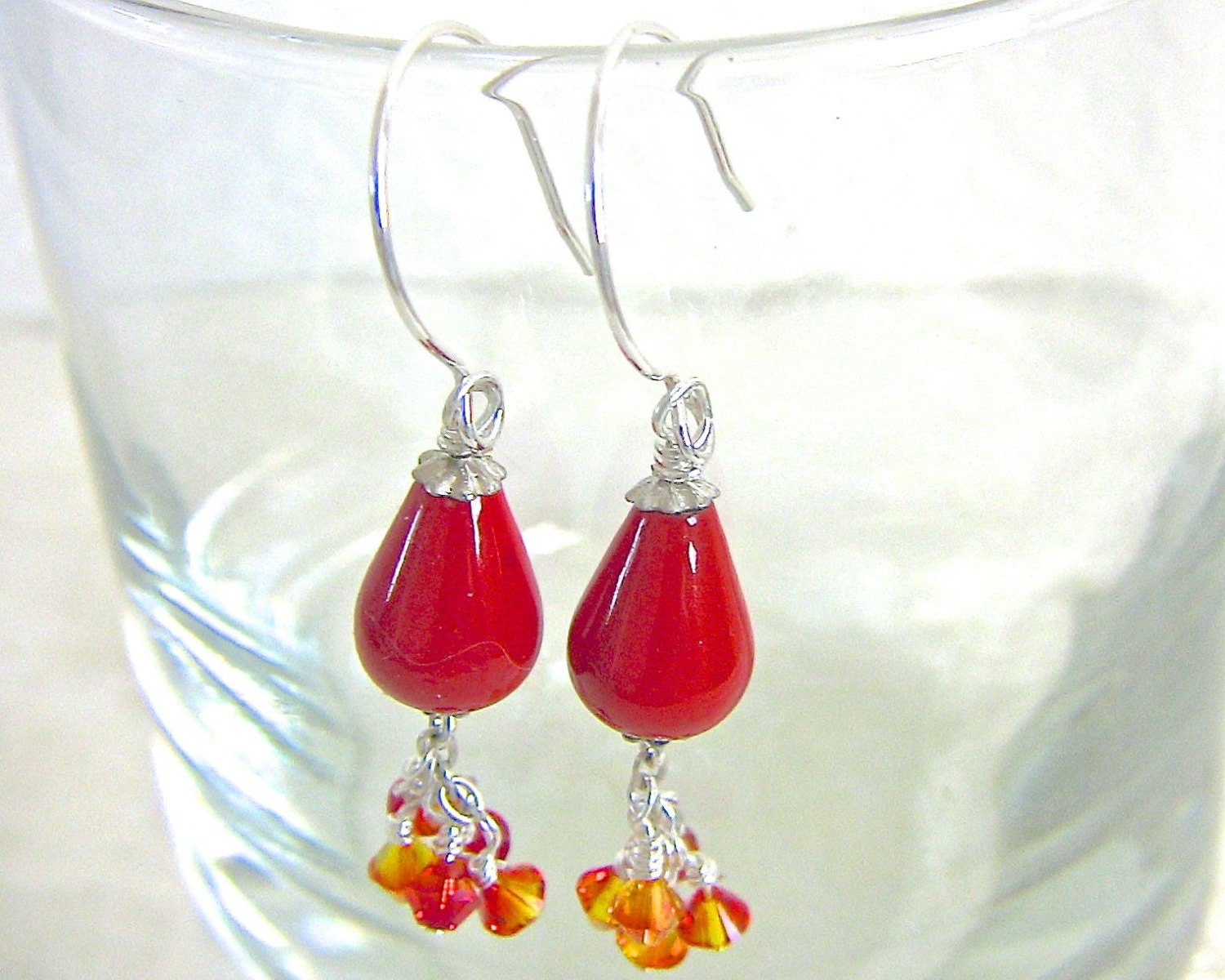 Red earrings, handmade artisan beads with red, orange, yellow crystals and large silver earwires