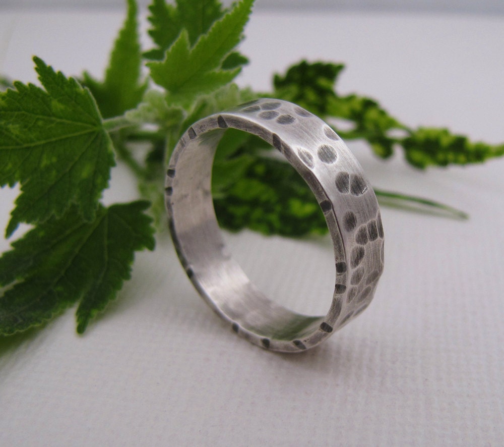 Wide Sterling Silver Stacking Ring - Hammered Heavy Silver Band - Size 8