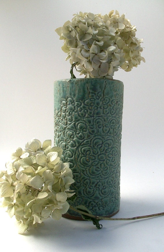 Blue Green Stoneware Vase with Doily Imprint