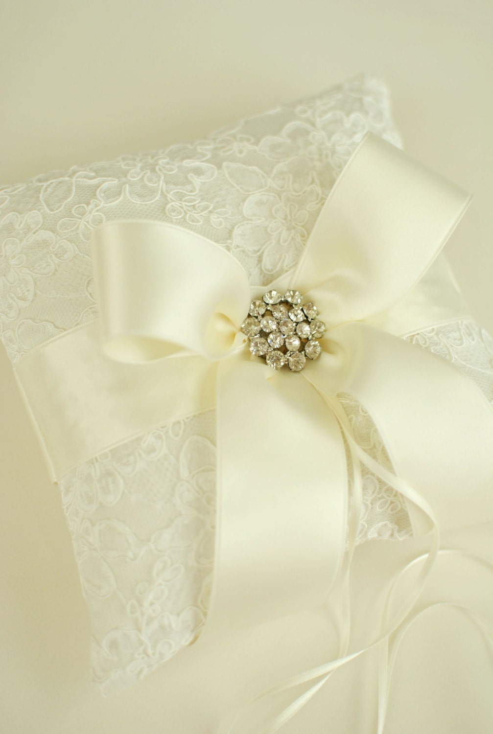 Ivory Ring Bearer Pillow - Alencon Lace Ring Bearer Pillow with Rhinestones