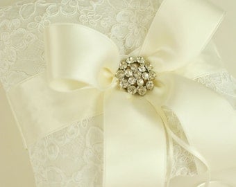 Ivory Ring Bearer Pillow - Alencon Lace Ring Bearer Pillow with Rhinestones