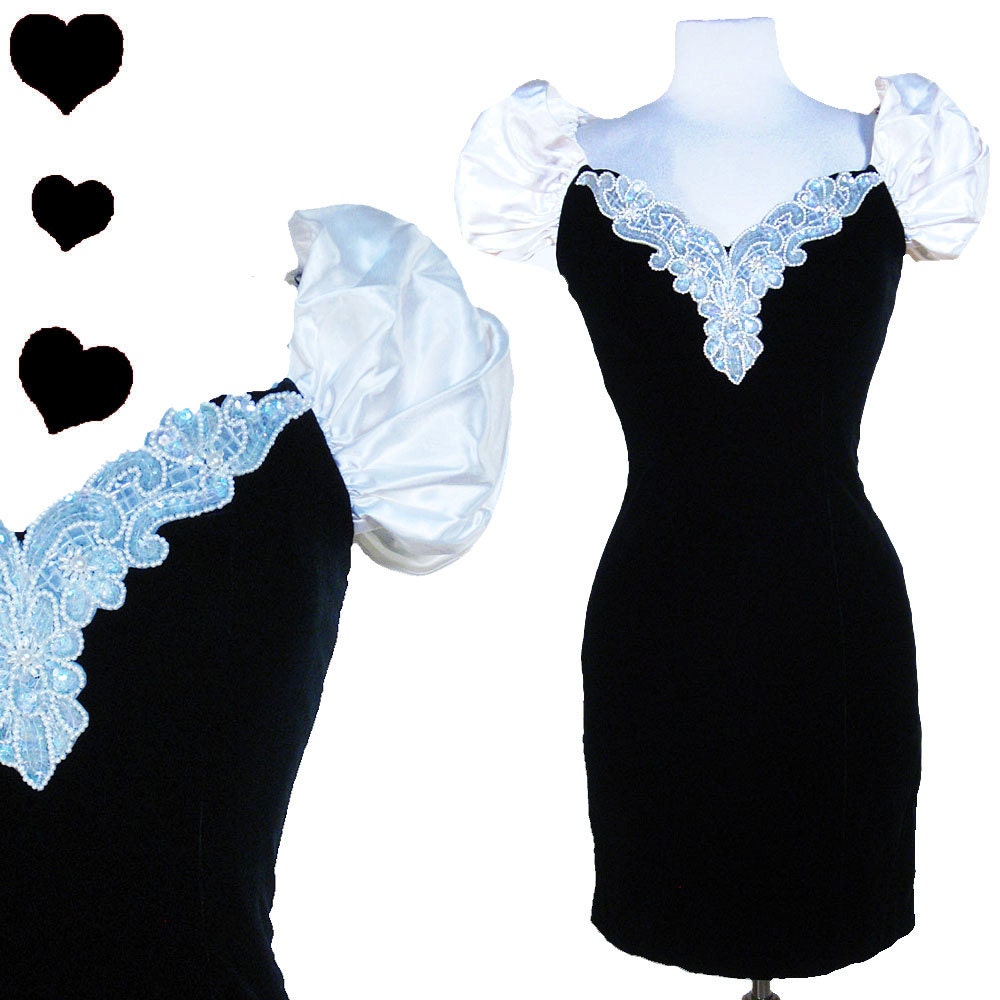 Dress Vintage 80s Black VELVET White PUFF Prom PARTY Dress S M Cocktail Sequin Glam