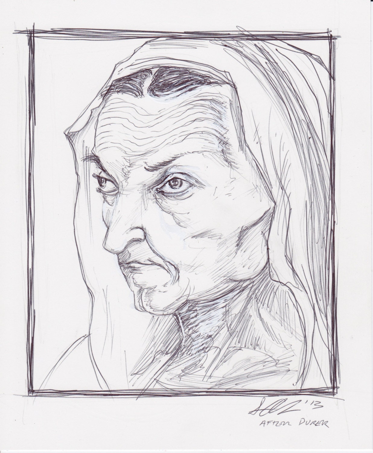 Original Art Classical Portrait Drawing Durer Old Woman ANDRESS