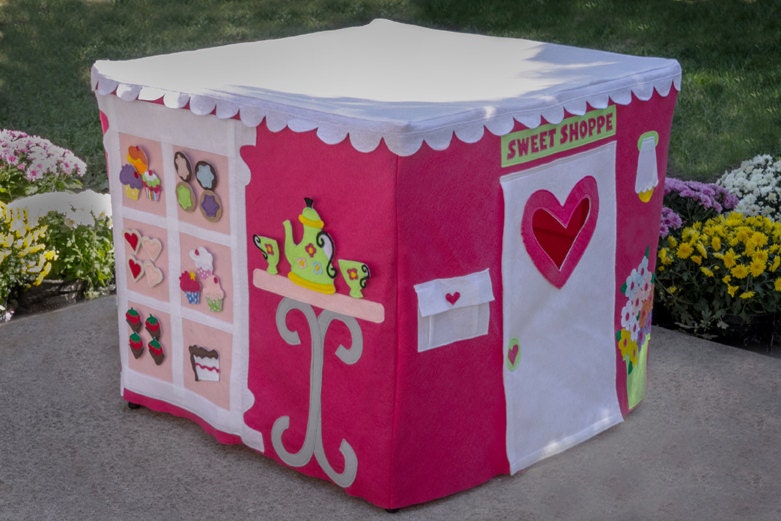 The CupCakery Card Table Playhouse, White Scalloped Roof, Brighter Colors, Custom Order, Personalized, 40 removable and replaceable pieces