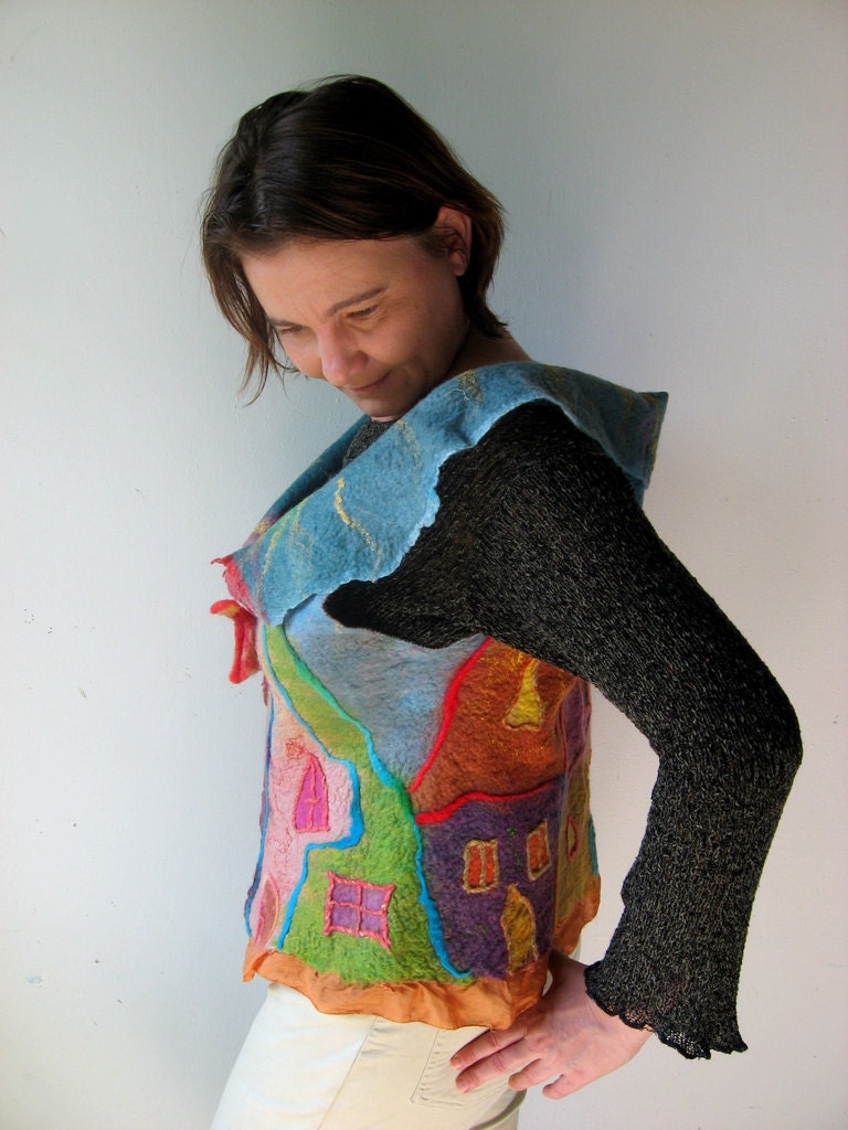 Little Houses Felted  Art  Picture Vest  (mixed merino wool and mulberry silk)