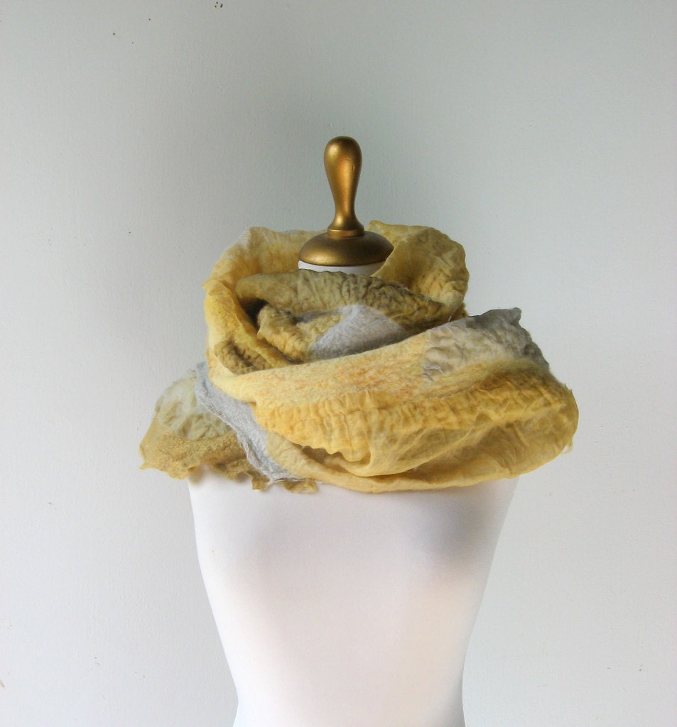 Nuno Felted Silk Organza Scarf Yellow, Lemon Zest and Grey