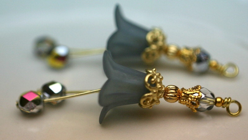 2 Piece Frosted Gray Lucite Flower with Gray Mirror AB Czech Crystals and Gold Bead Drop Dangle Set