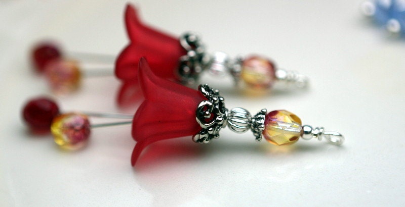 2 Piece Red Lucite Flower with Raspberry Czech Crystal Bead Drop Dangle Set
