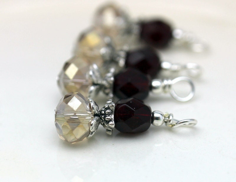 Garnet Preciosa Czech and Champagne Faceted Rondelle Crystal Bead Dangle Drop Charm Set