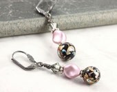 Floral Earrings Dusty Rose Pearl Black Floral Tensha Beads Mauve Romantic Victorian Style