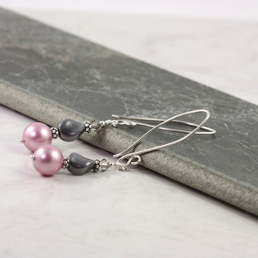 Pearl Earrings Pastel Pink Dusty Rose Smoke Gray Mauve Fancy Sterling Silver Prom Jewelry