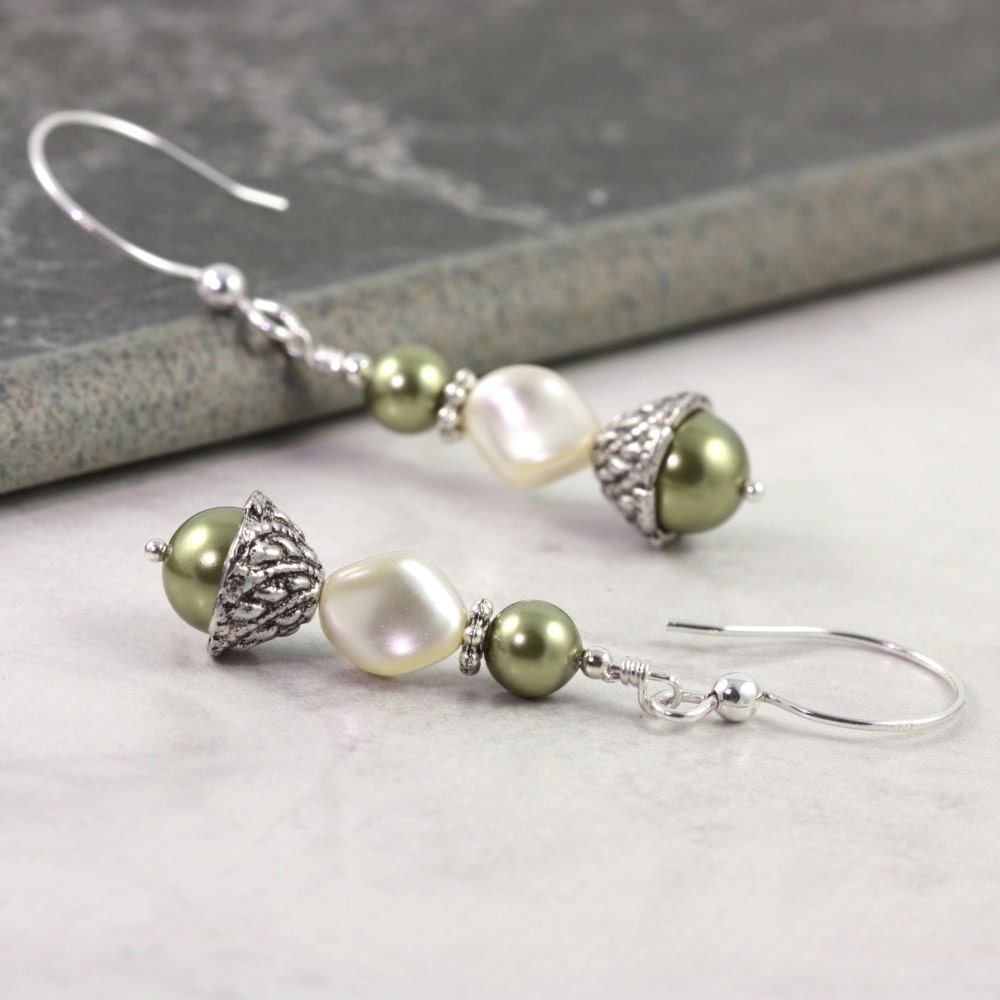 Cream Pearl Wedding Earrings Moss Green Sage Bridal Sterling Ear Wires