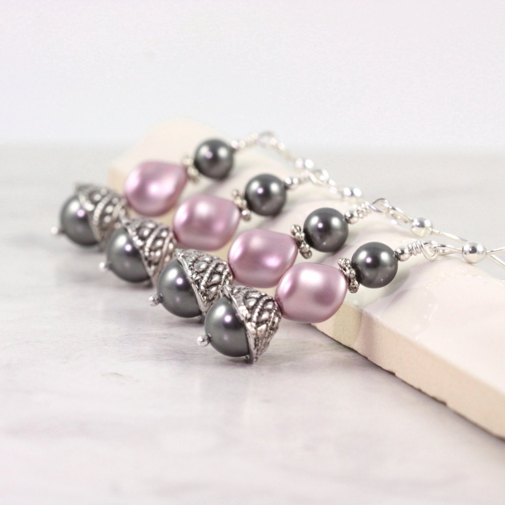 Rose Pearl Prom Earrings Dusty Mauve Pink Smoke Gray Bridal Jewelry Wedding Fashion