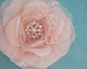Blush Pink Lace, Organza Rose Hair Clip  D085, budget bridal hair accessory
