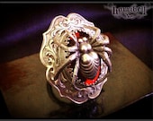 Spider Ring with Red Faceted Stone // Gothic Ring // Spider Jewelry // Victorian Gothic // Spider Cameo Ring
