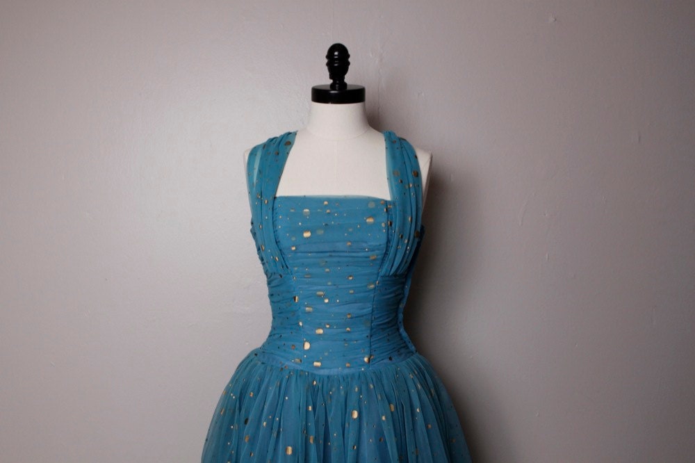 Vintage 1950's 1960's Aqua Blue Gold Polka Dot Formal Dress Small