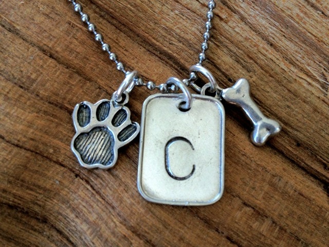 Dog Paw Dog Bone Dog Initial Hand Stamped Necklace
