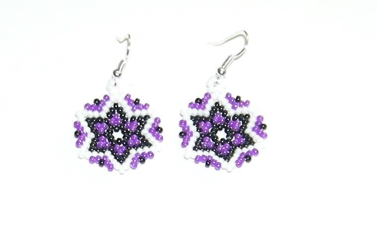 Beaded basket earrings purple black and white