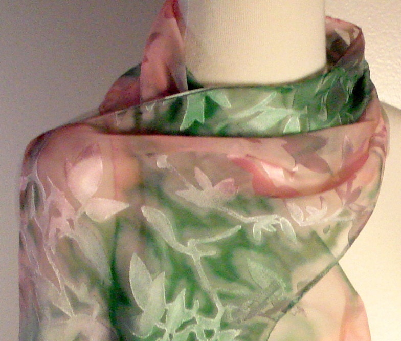 Hand Painted Silk Devore Scarf Leafy Branches in Blush Pink and Seafoam Green