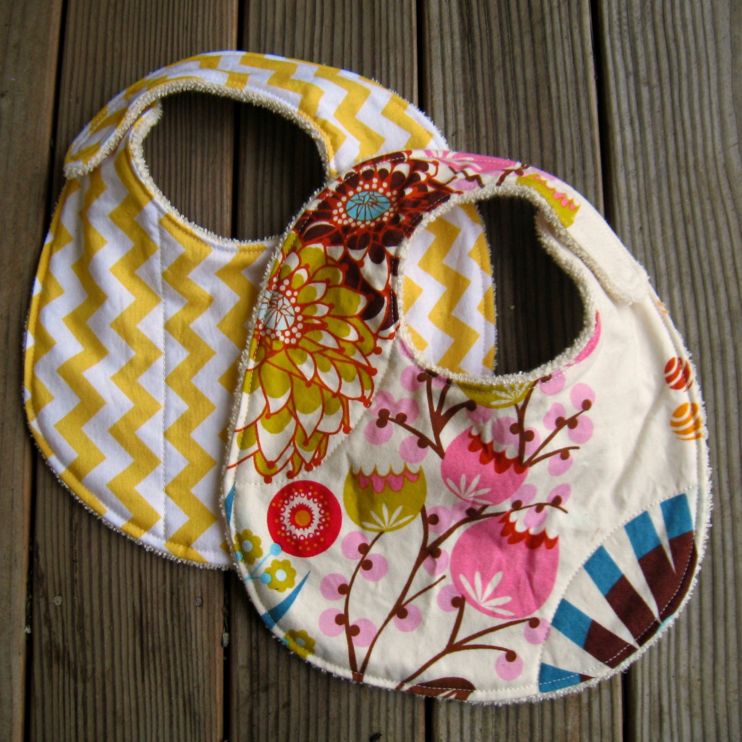Organic Terry Bibs - Set of 2 - Lemon Chevron and Flowers