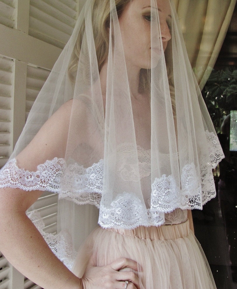 Fifth Element White wedding veil with Beautiful French lace edges white mantilla veil white lace veil white tulle veil